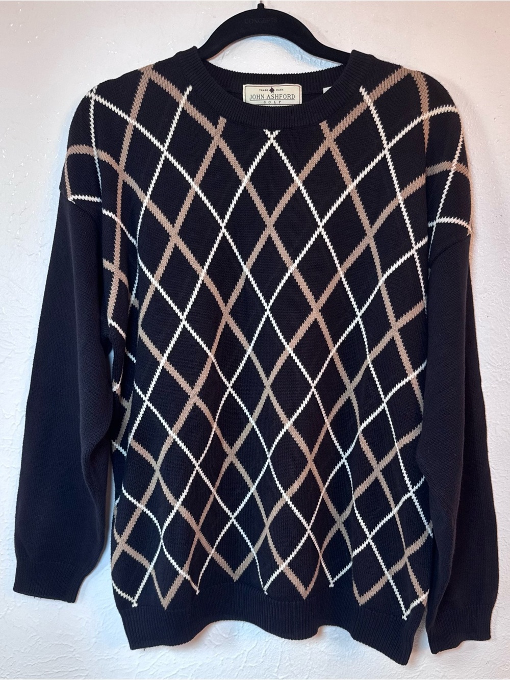 Vintage John Ashford Golf Sweater Men L Black Tan Argyle 100% Cotton Preppy 90s